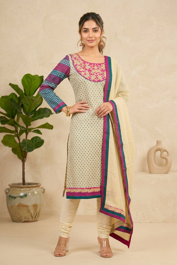 Elegant Beige Cotton Chanderi Suit Set with Embroidered Yoke