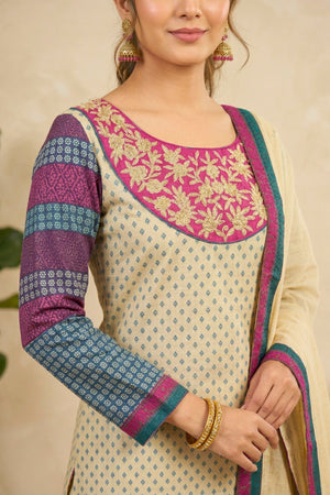 Elegant Beige Cotton Chanderi Suit Set with Embroidered Yoke