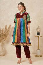 Eclectic Multi-Color Paneled Kurti with Velvet Yoke & Brocade Sleeves