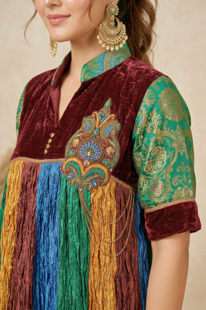 Eclectic Multi-Color Paneled Kurti with Velvet Yoke & Brocade Sleeves