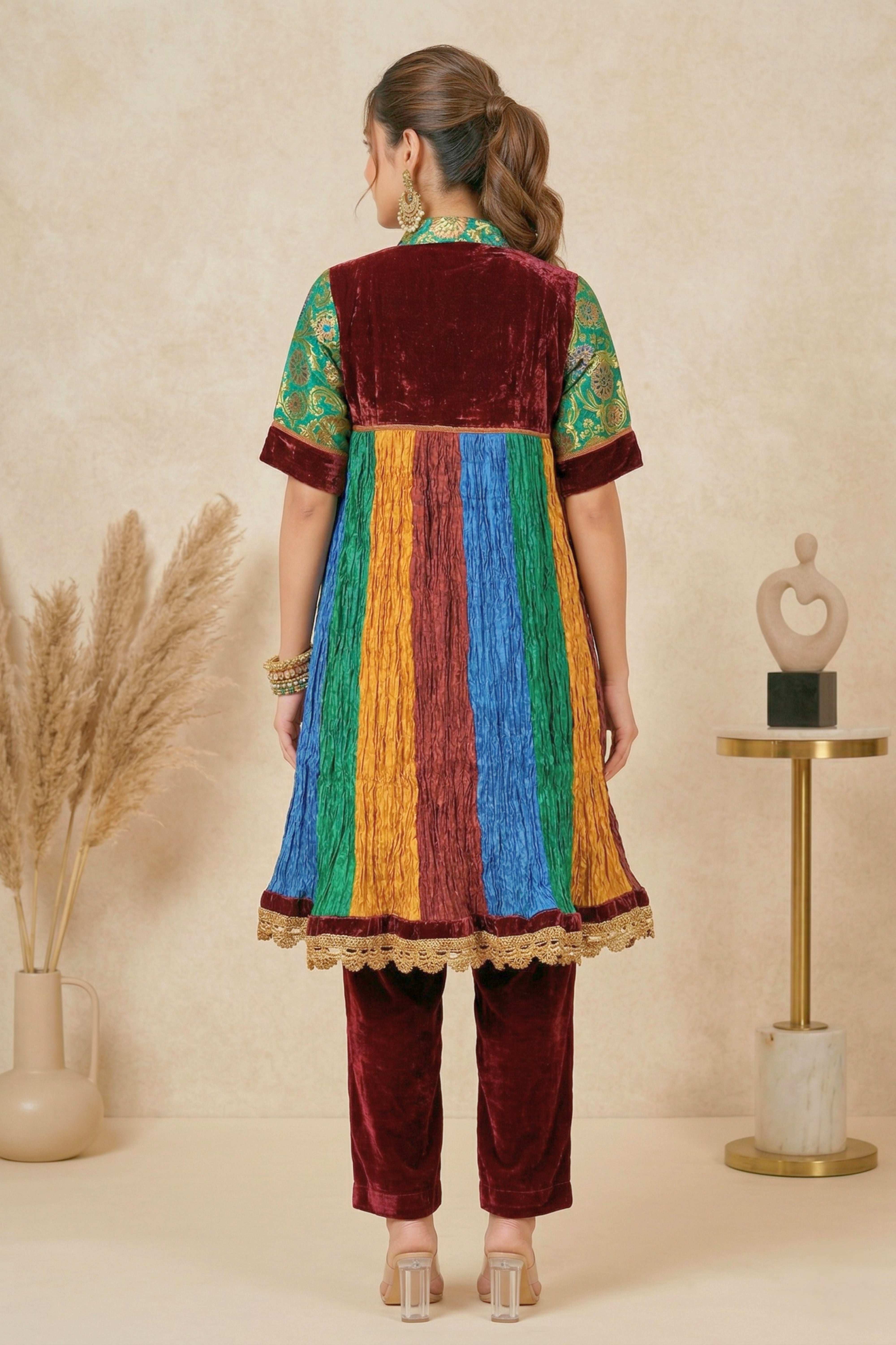 Eclectic Multi-Color Paneled Kurti with Velvet Yoke & Brocade Sleeves