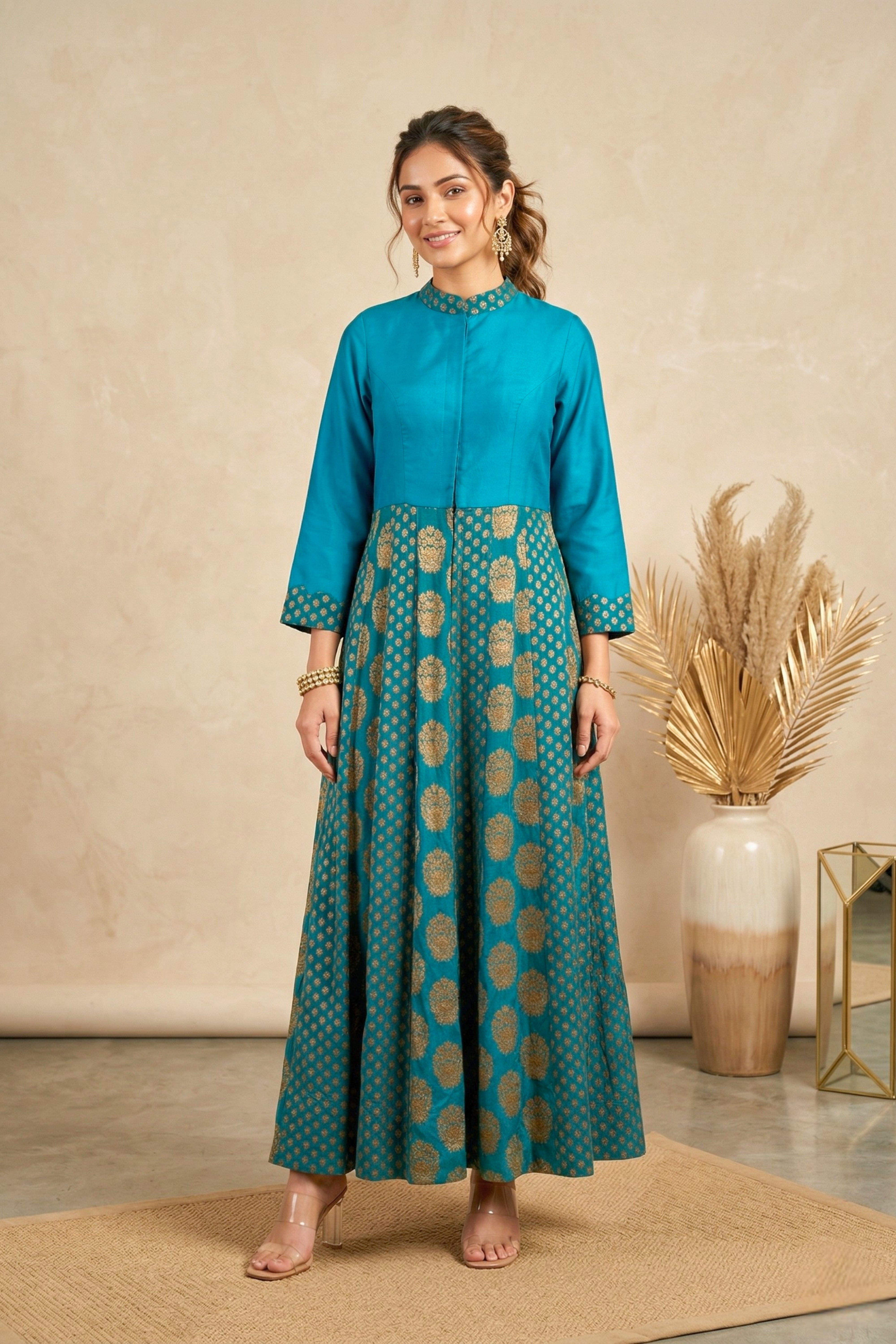 Teal Blue Banarasi Georgette Anarkali Gown