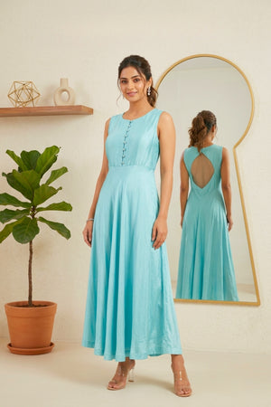 Aqua Blue Sleeveless Silk A-Line Dress with Cutout Back