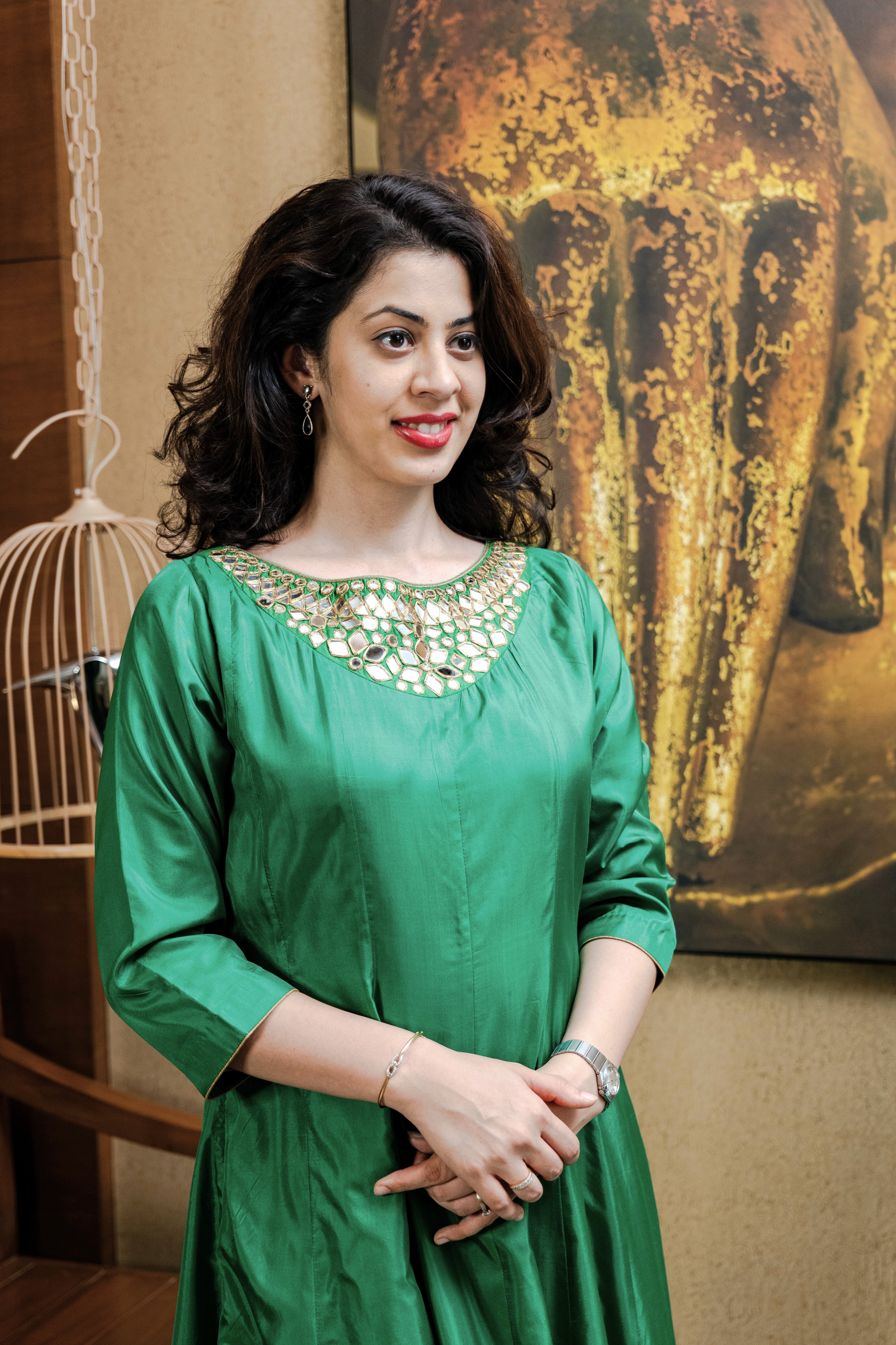 Emerald Green Silk Flared Maxi Dress with Intricate Mirror Work