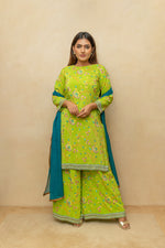 Lime Green Crepe Silk Parsi Work Sharara Suit Set