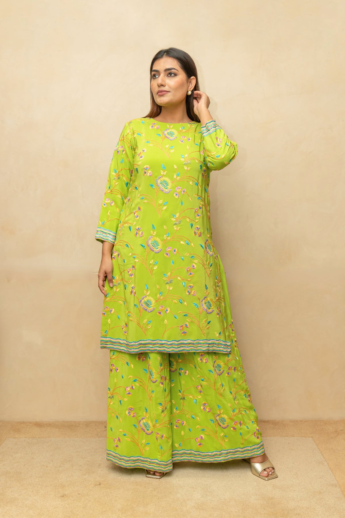 Lime Green Crepe Silk Parsi Work Sharara Suit Set