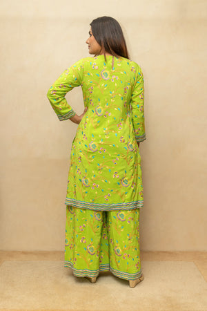 Lime Green Crepe Silk Parsi Work Sharara Suit Set