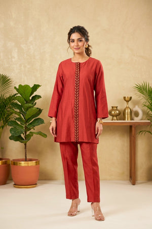 Elegant Rust Red Silk Co-ord Set with Chevron Embroidered Placket
