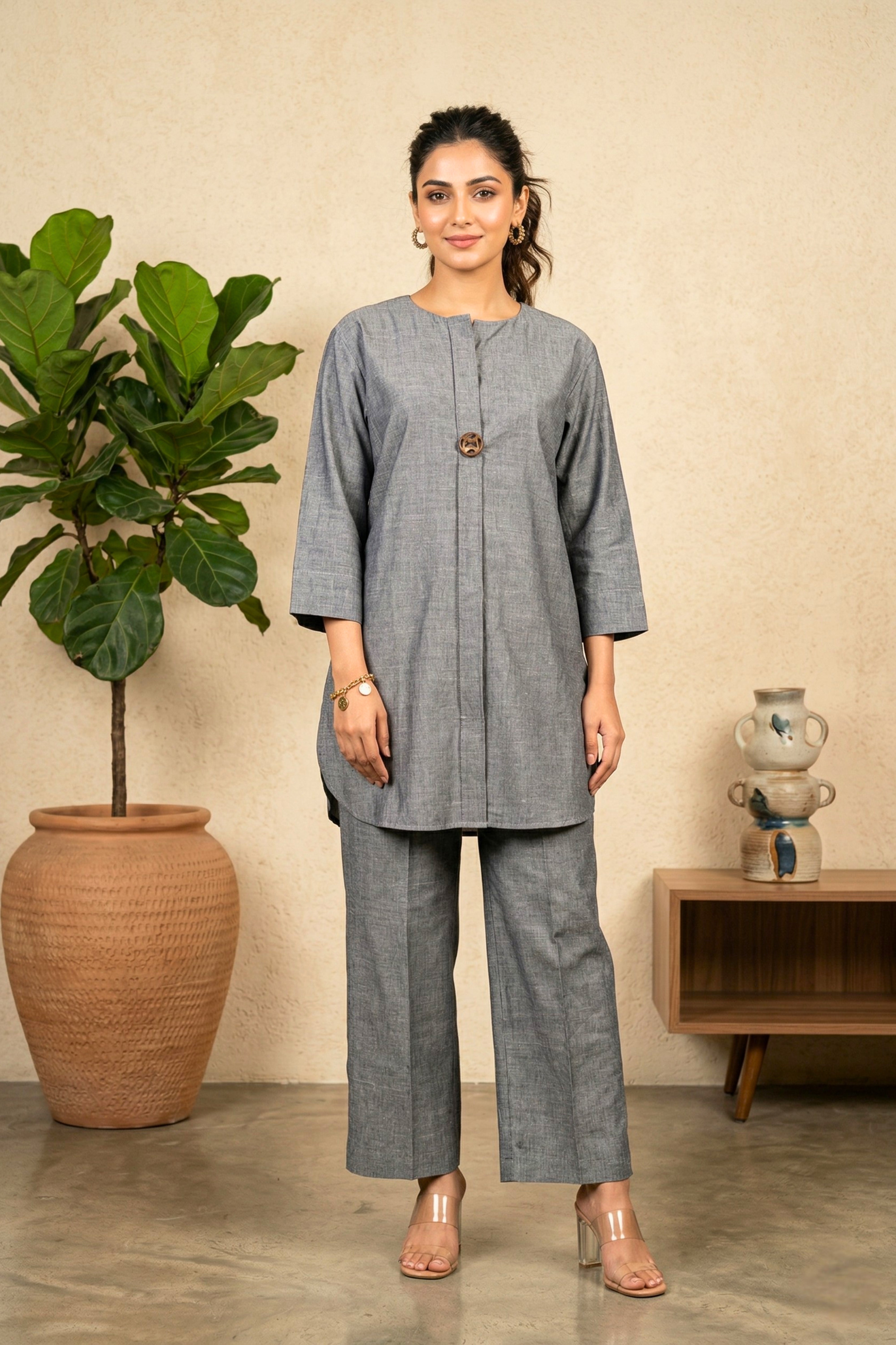 Minimalist Slate Grey Linen Co-ord Set with Statement Wooden Button