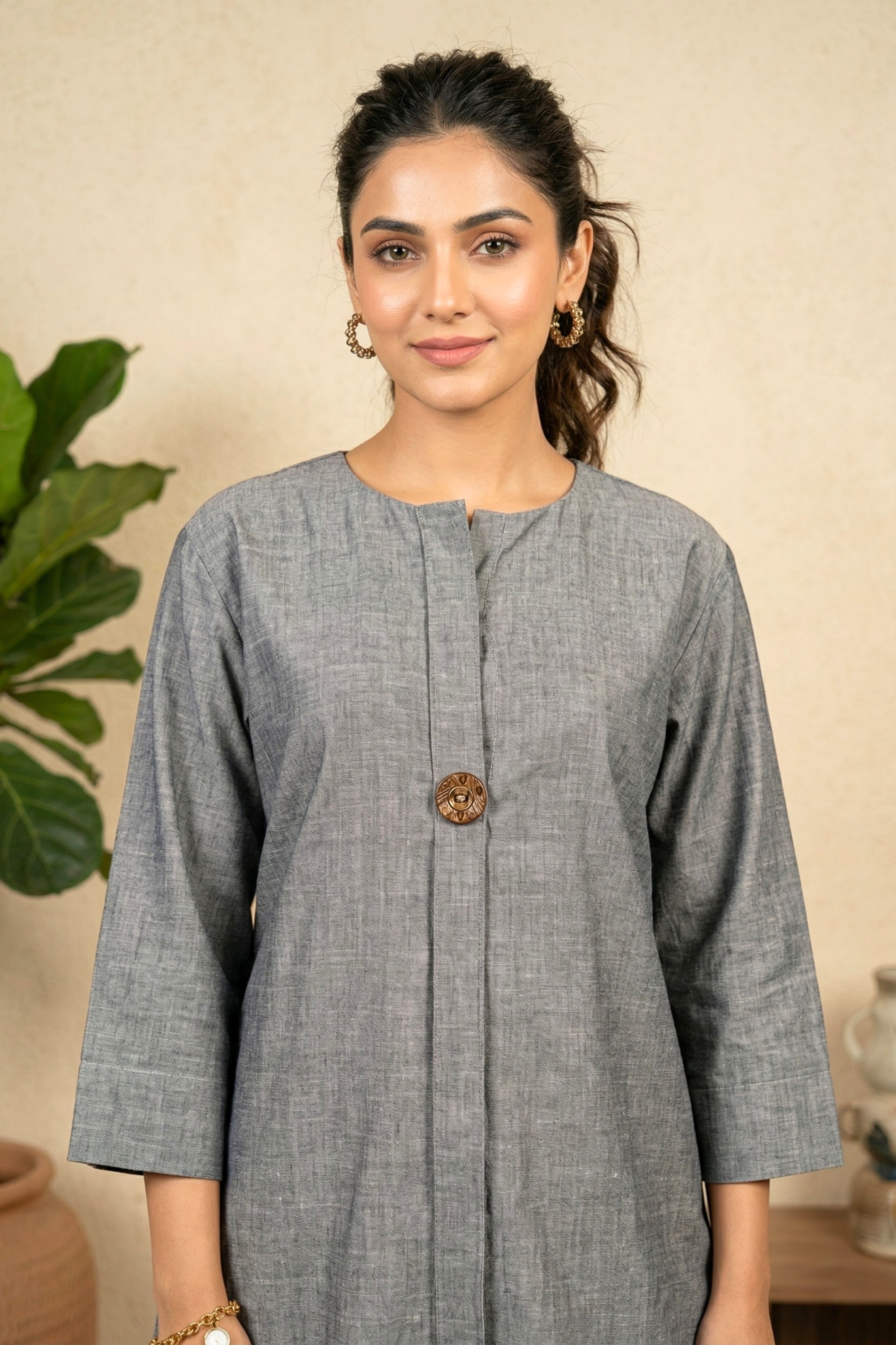 Minimalist Slate Grey Linen Co-ord Set with Statement Wooden Button
