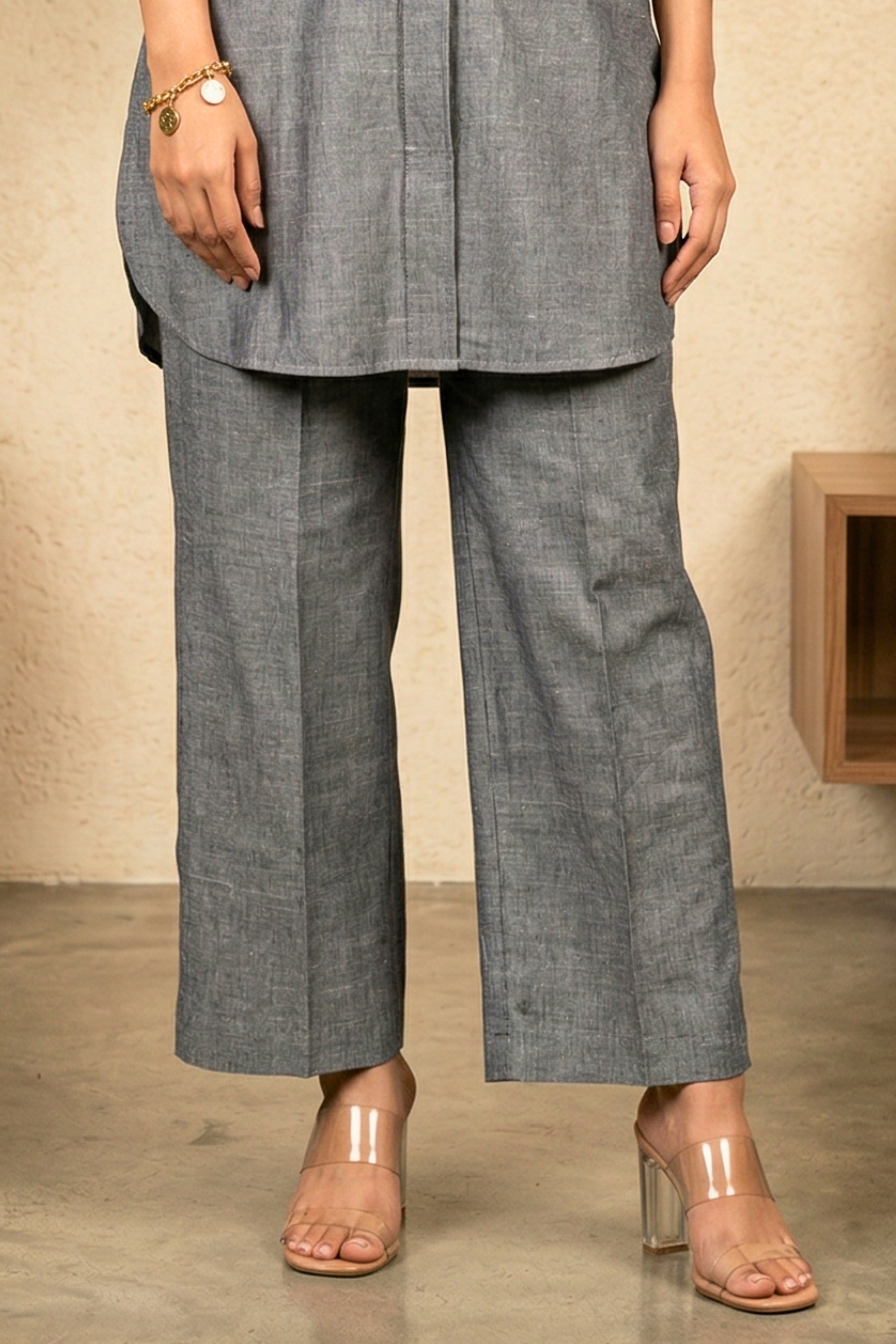 Minimalist Slate Grey Linen Co-ord Set with Statement Wooden Button