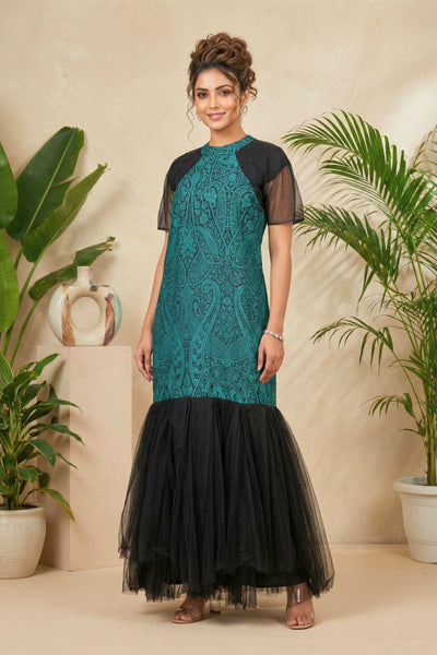 Enchanting Teal & Black Paisley Print Drop-Waist Tulle Gown