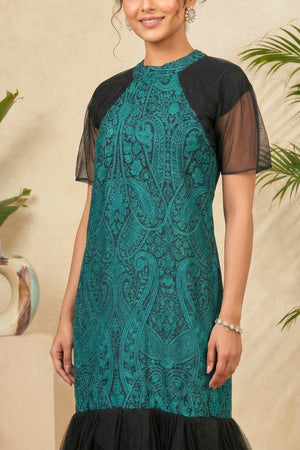 Enchanting Teal & Black Paisley Print Drop-Waist Tulle Gown