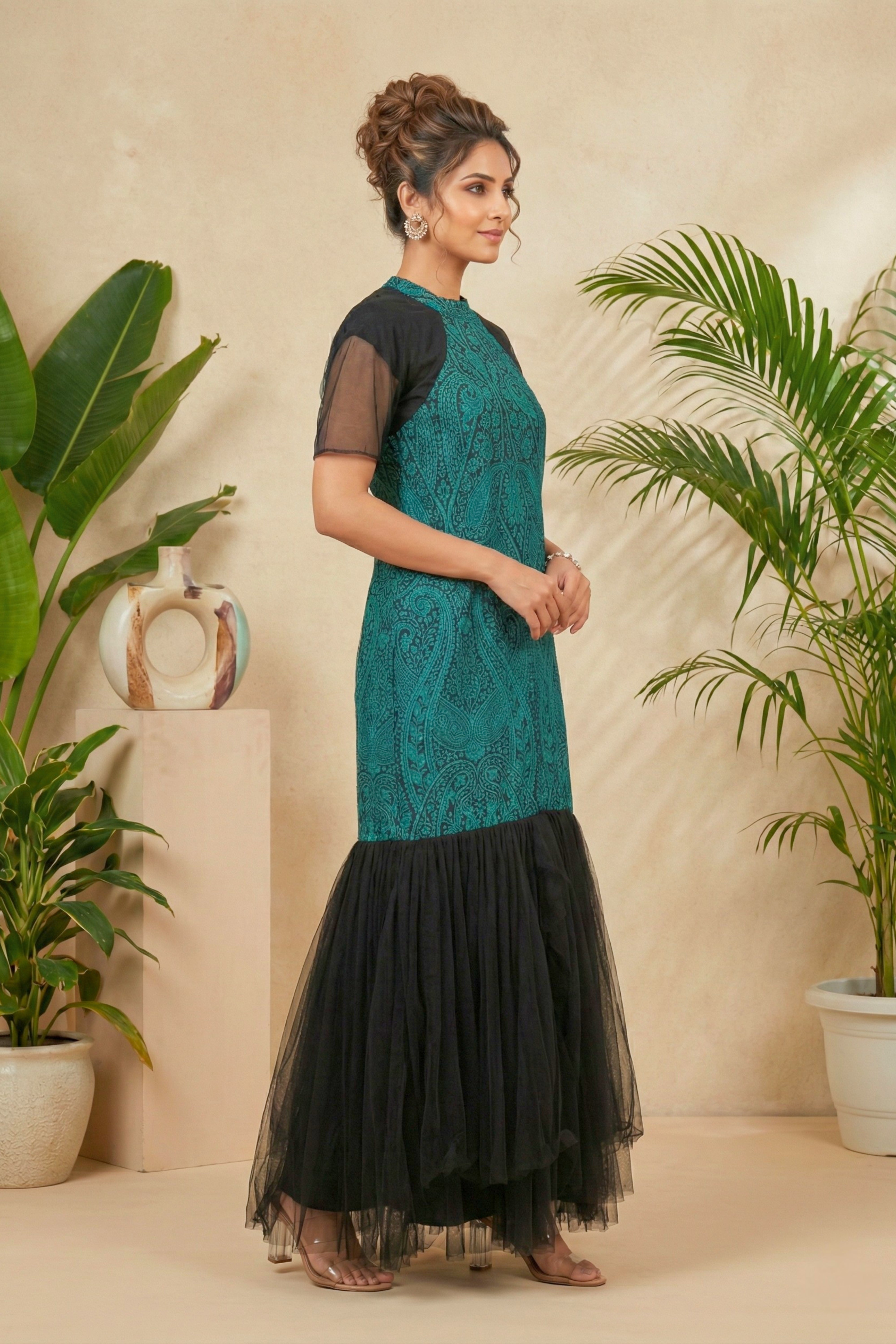 Enchanting Teal & Black Paisley Print Drop-Waist Tulle Gown