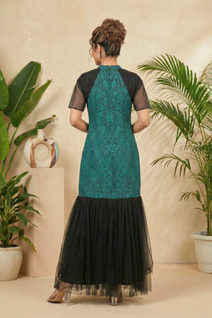 Enchanting Teal & Black Paisley Print Drop-Waist Tulle Gown