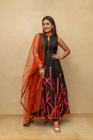 Black Applique Work Chanderi Silk Suit Set