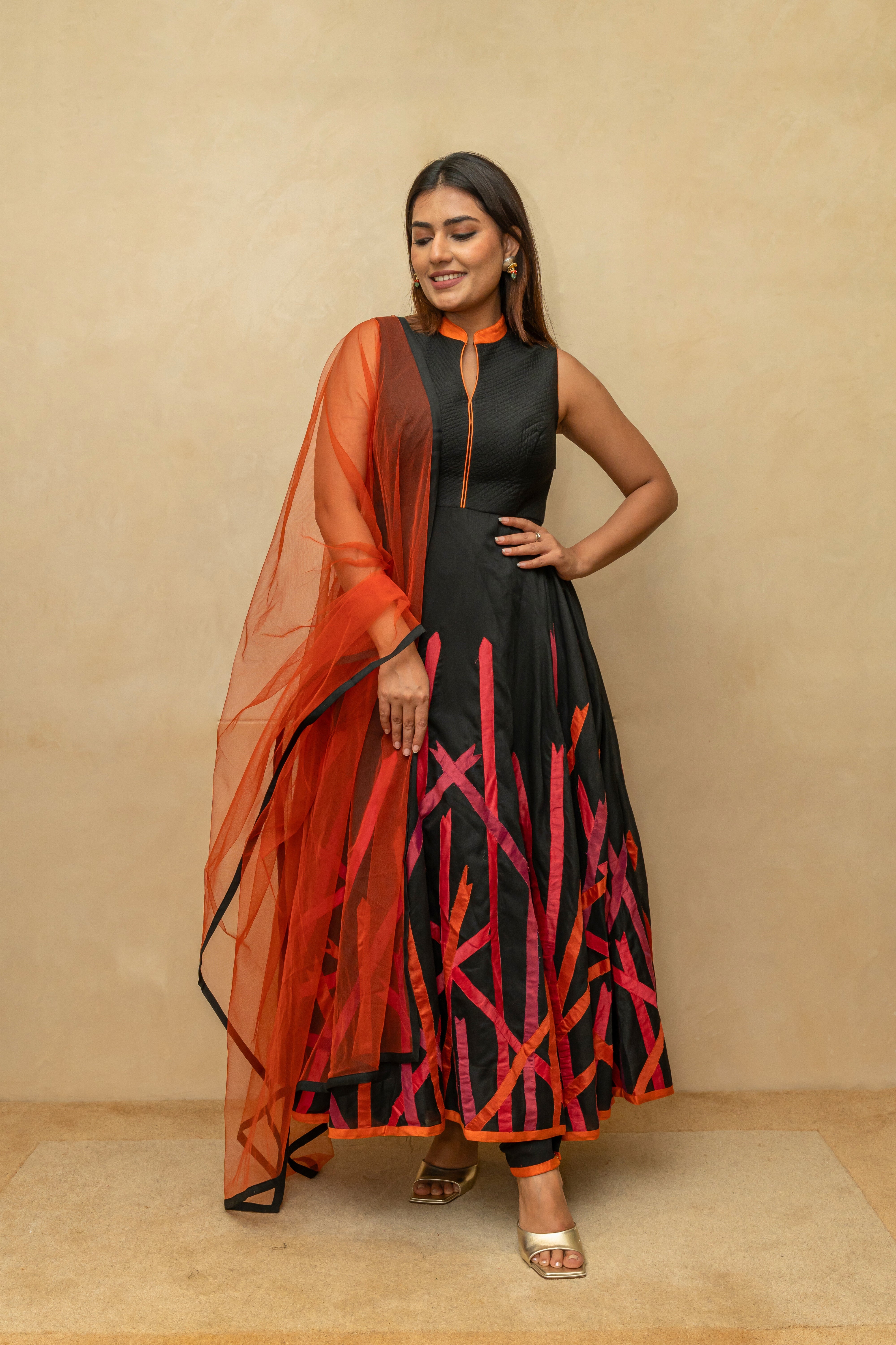 Black Applique Work Chanderi Silk Suit Set
