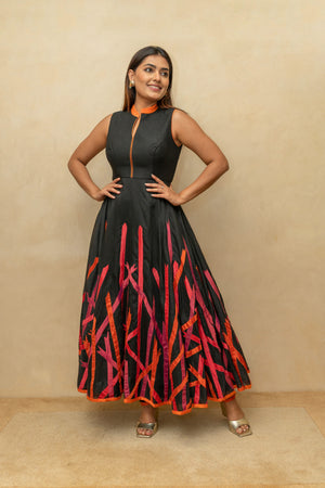 Black Applique Work Chanderi Silk Suit Set