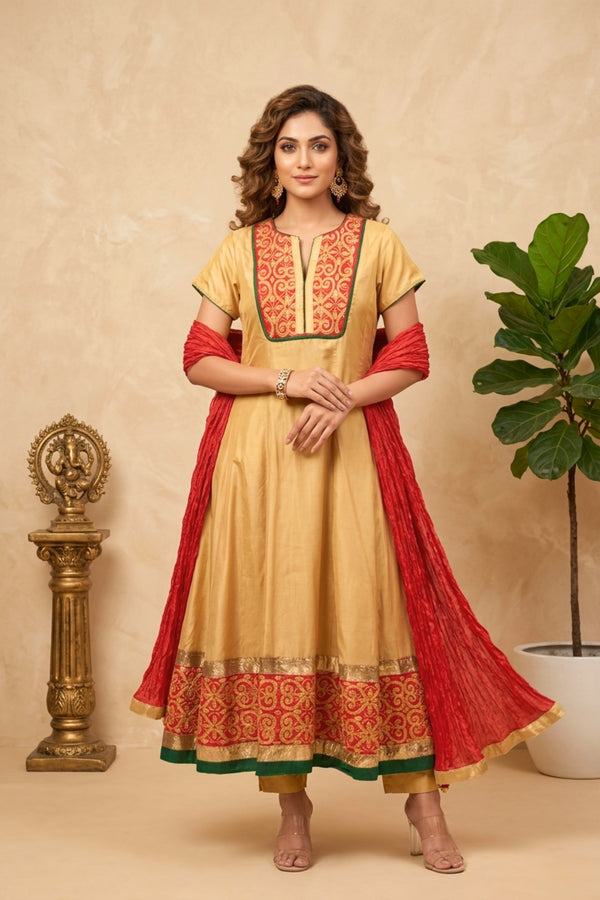 Regal Golden Beige Silk Anarkali Suit Set with Red Zari Embroidery