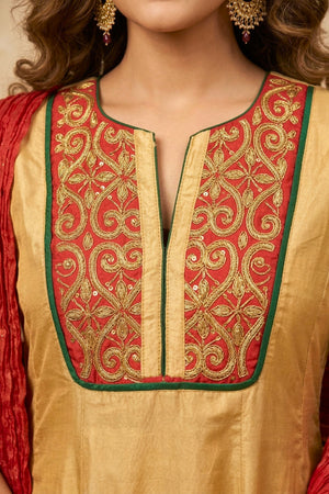 Regal Golden Beige Silk Anarkali Suit Set with Red Zari Embroidery