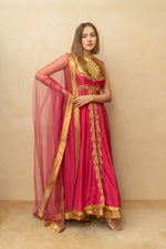 Pink and Gold Chanderi Silk Anarkali Suit Set