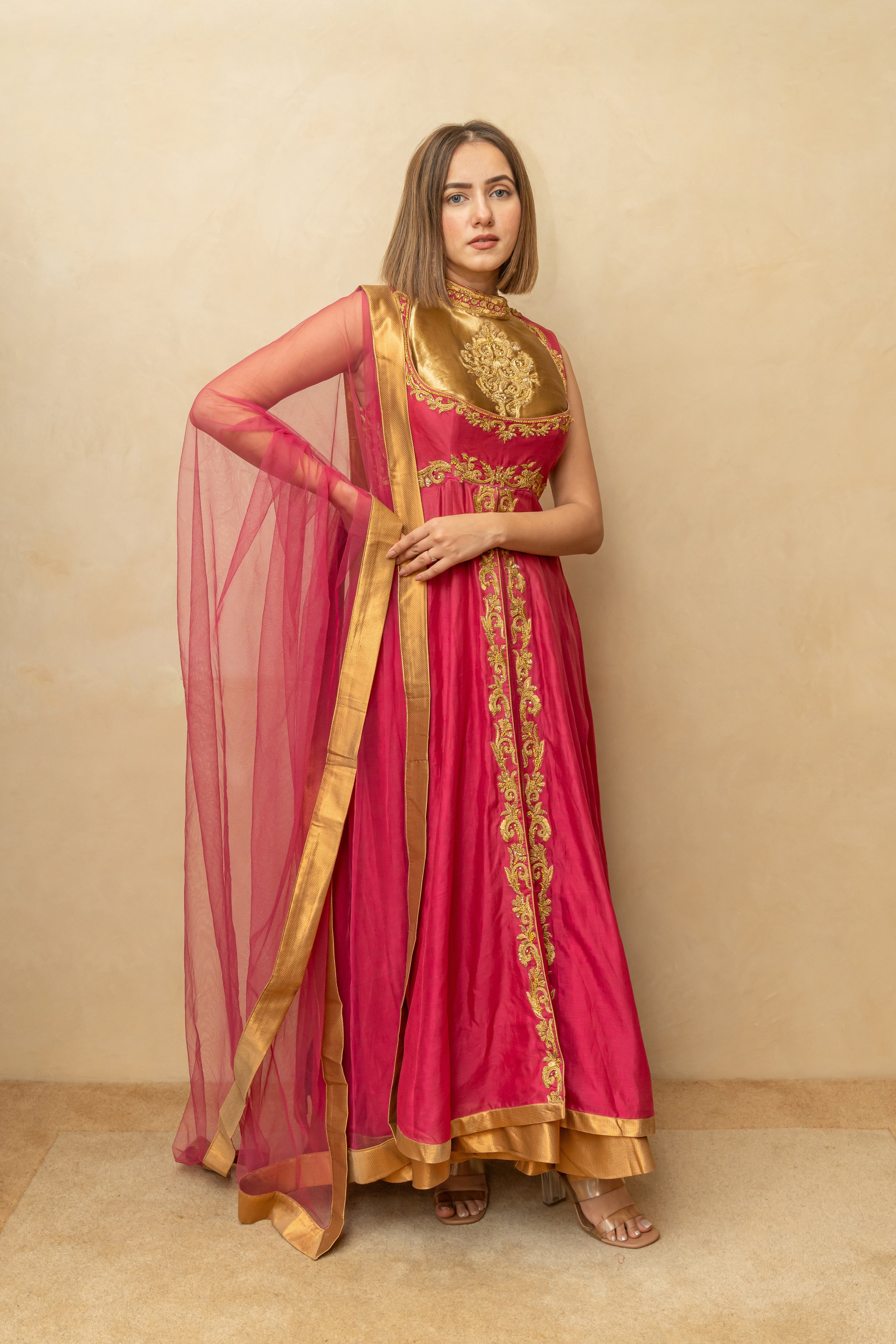 Pink and Gold Chanderi Silk Anarkali Suit Set