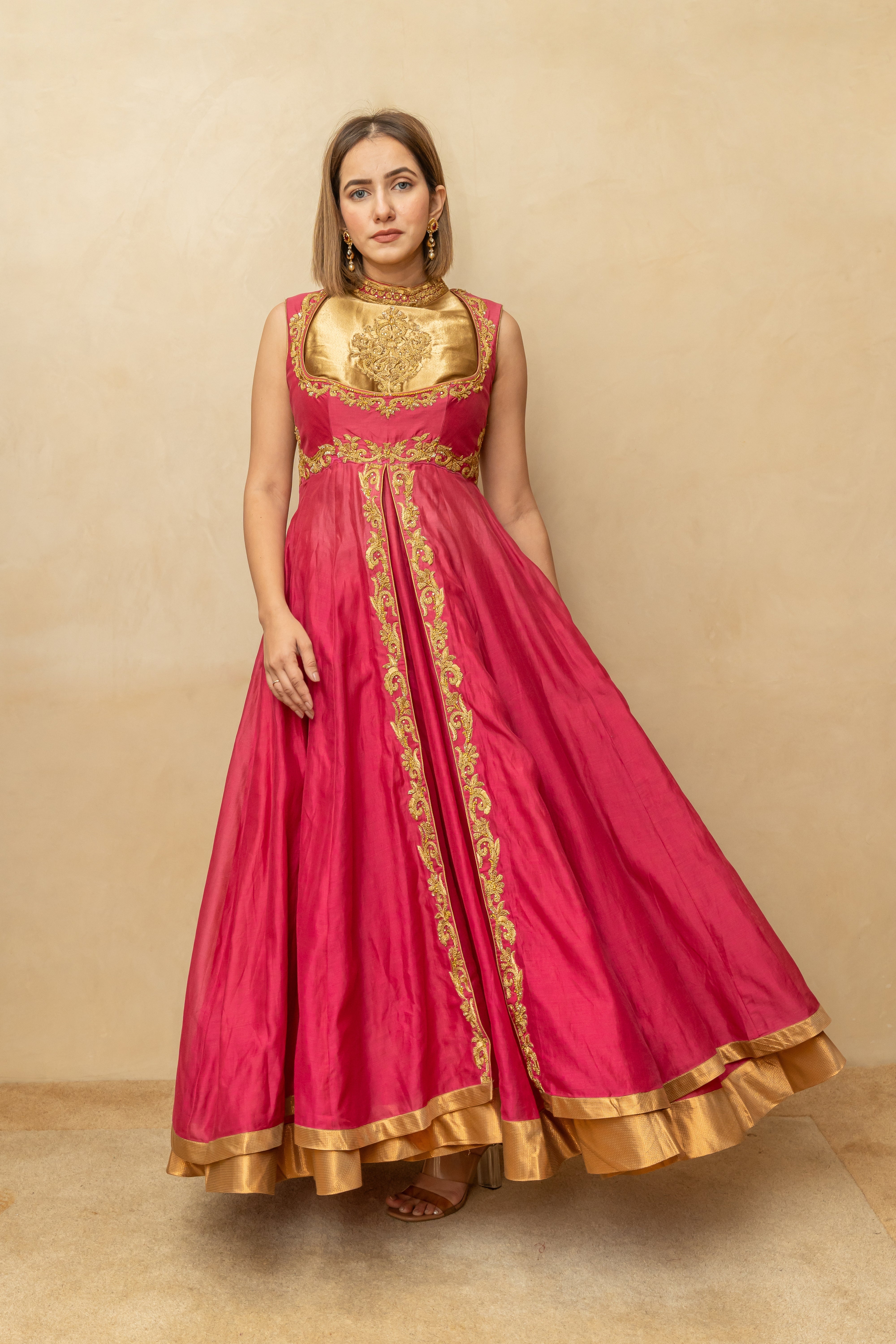 Pink and Gold Chanderi Silk Anarkali Suit Set