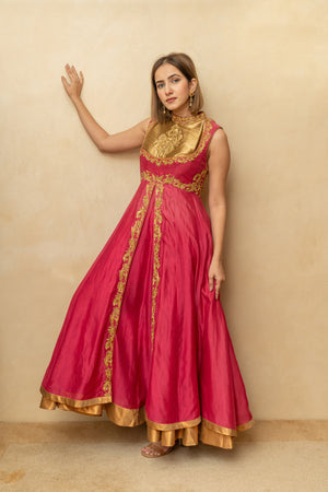 Pink and Gold Chanderi Silk Anarkali Suit Set
