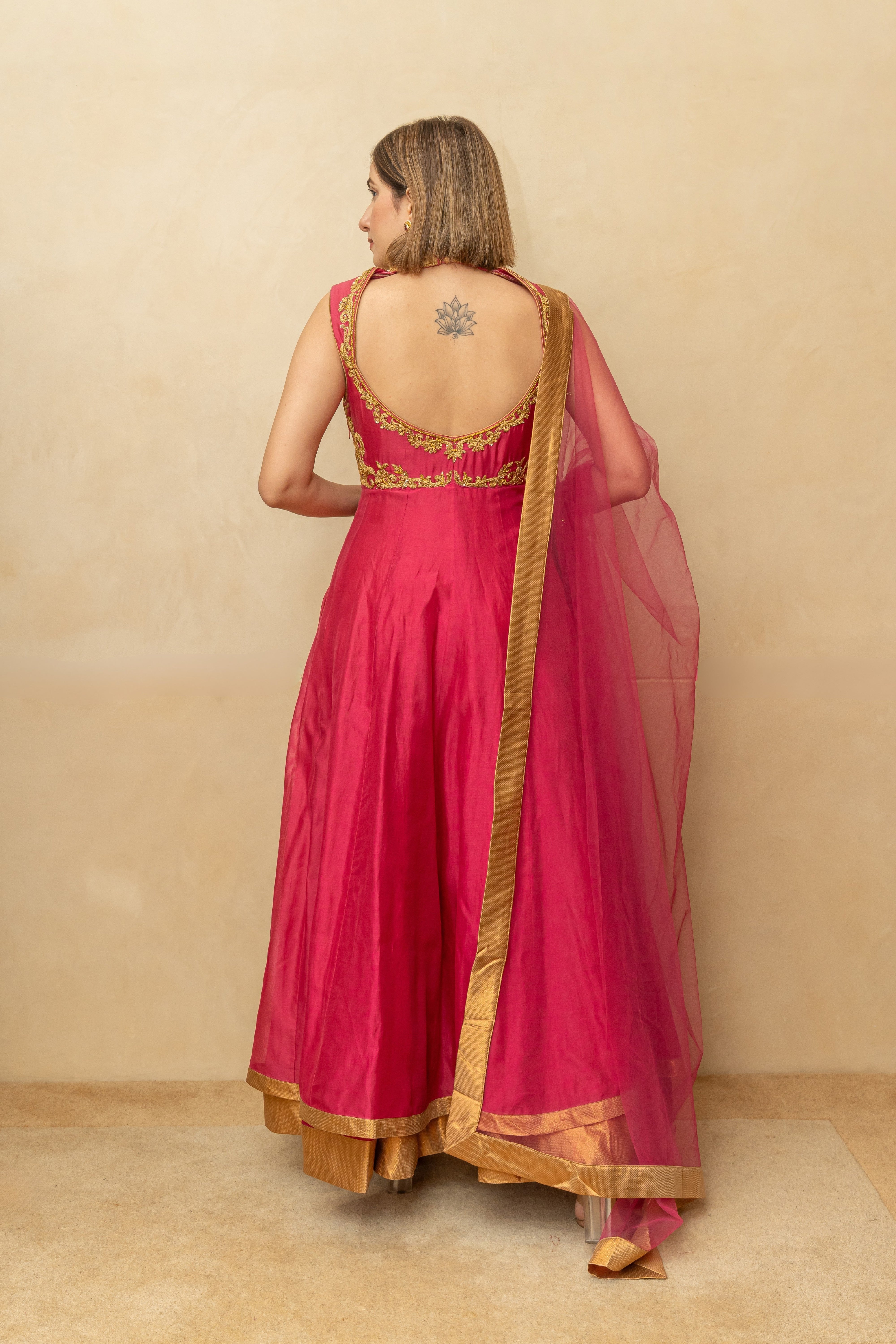 Pink and Gold Chanderi Silk Anarkali Suit Set