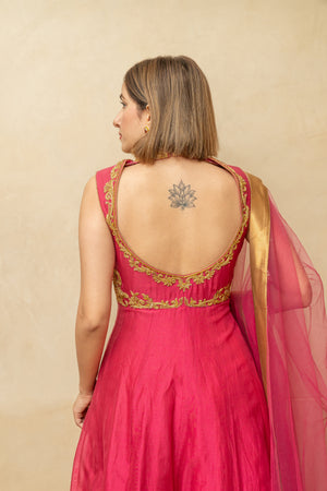 Pink and Gold Chanderi Silk Anarkali Suit Set