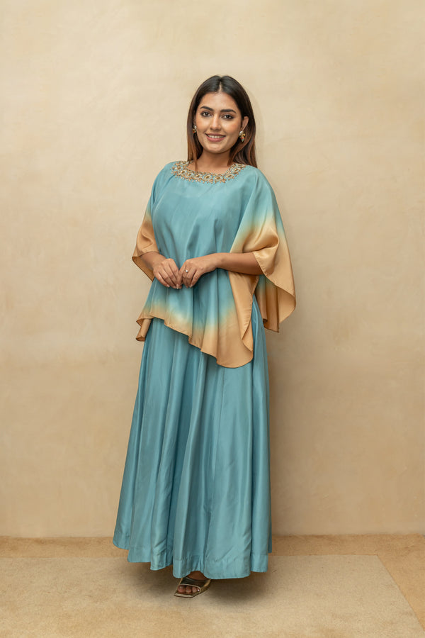 Ash Blue Soft Silk Indo-Western Cape Set