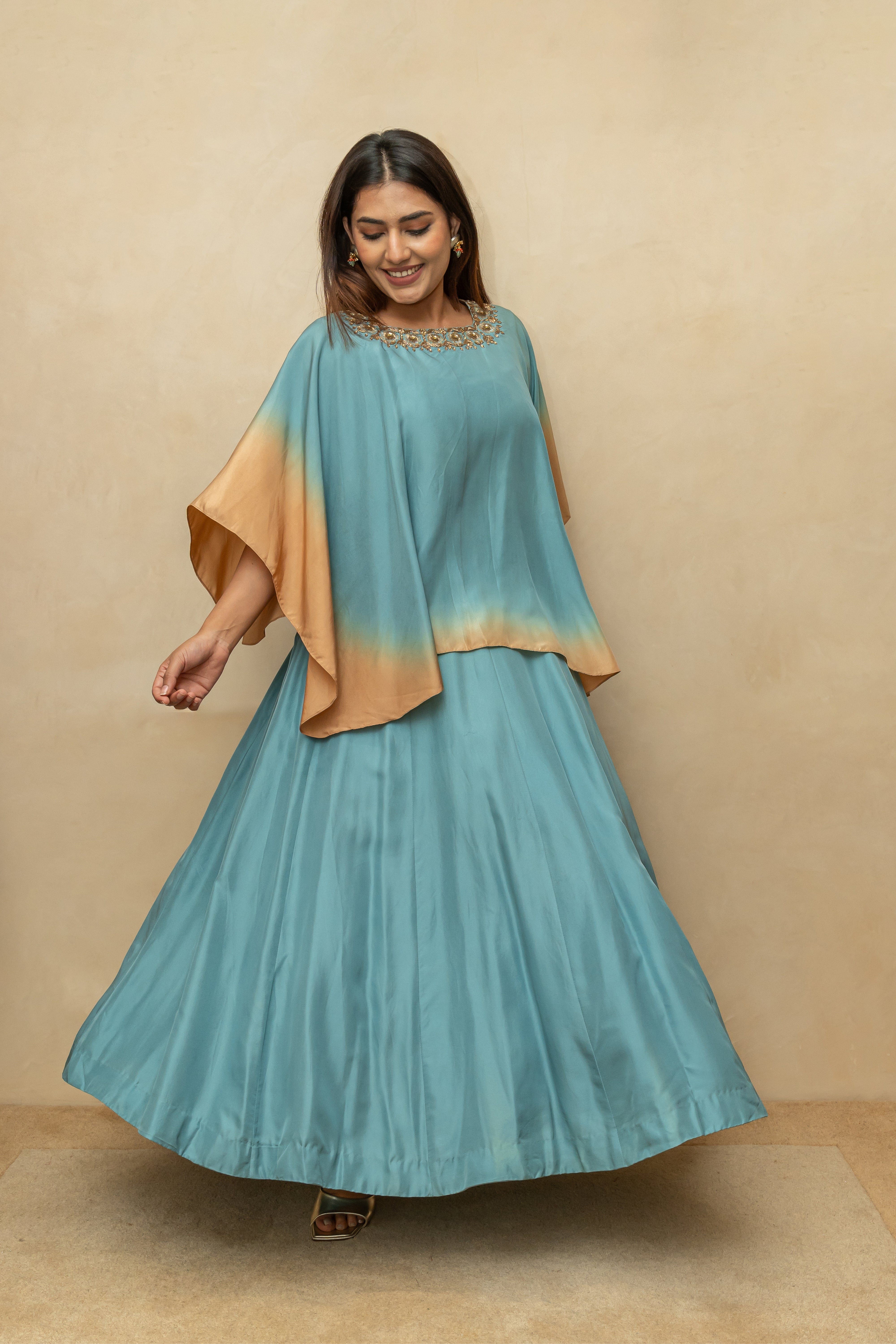 Ash Blue Soft Silk Indo-Western Cape Set
