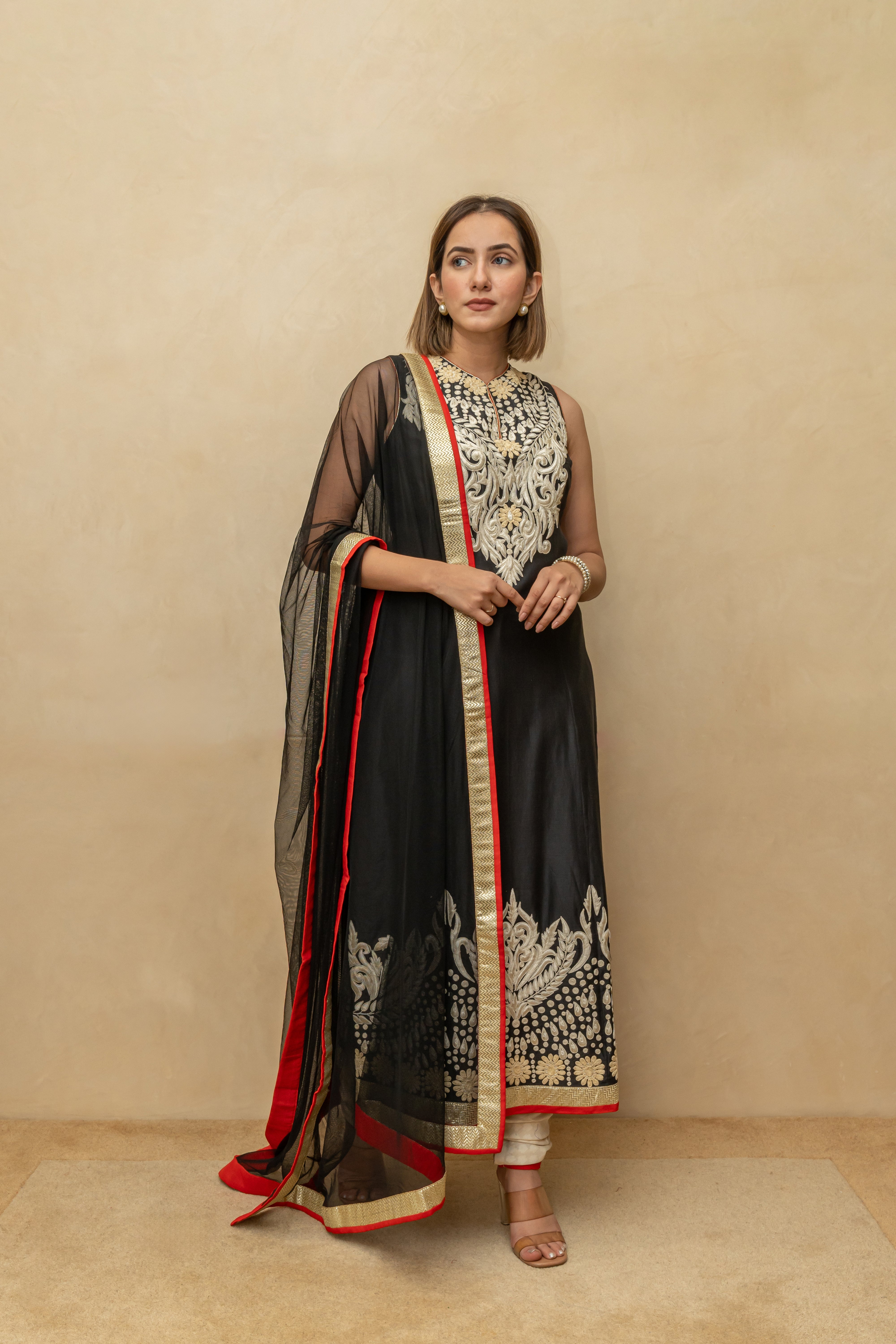Black Chanderi Silk Suit Set with Off-White Threadwork