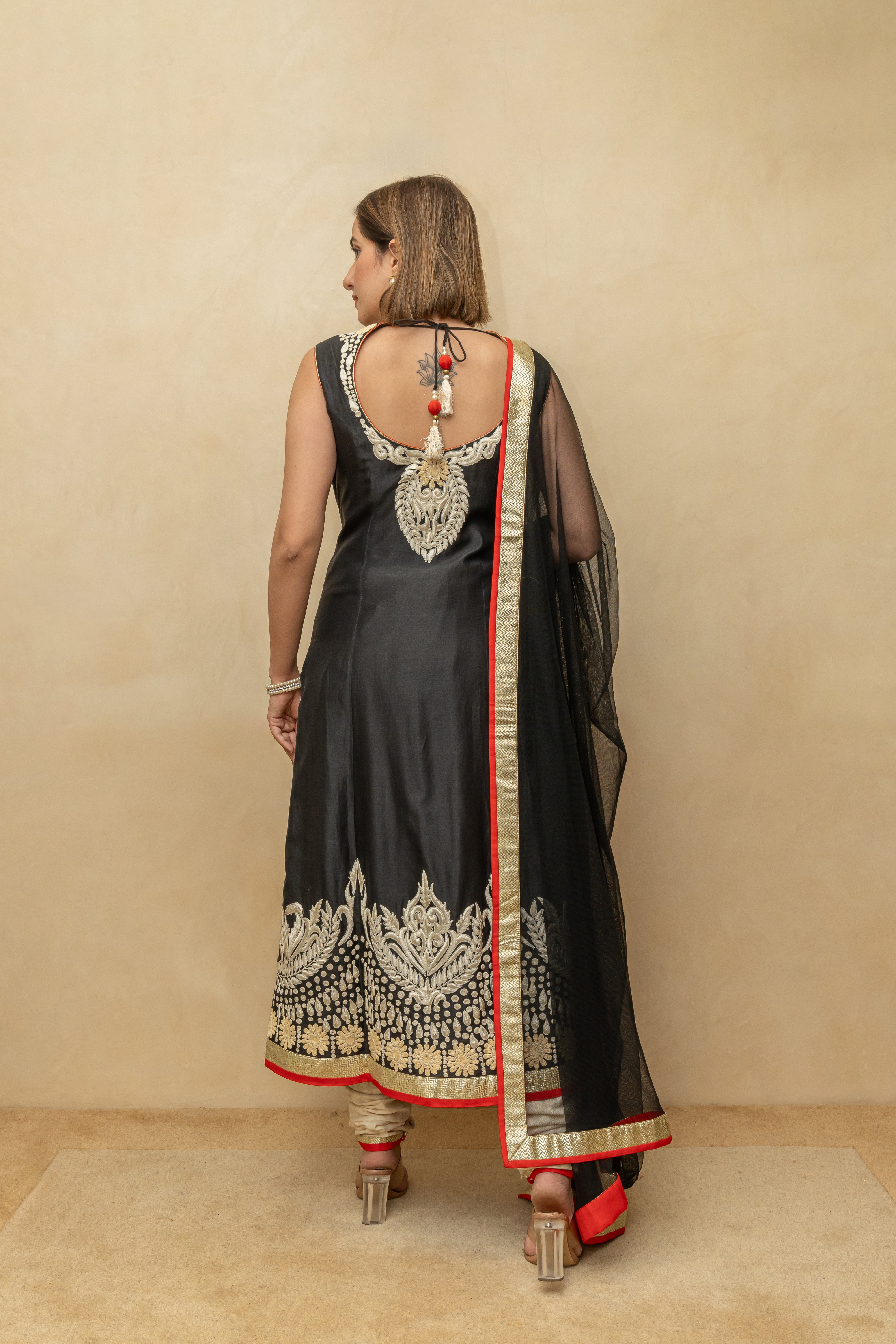 Black Chanderi Silk Suit Set with Off-White Threadwork