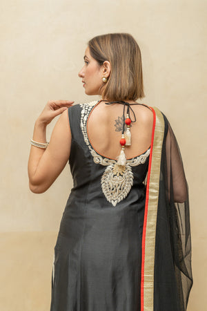 Black Chanderi Silk Suit Set with Off-White Threadwork