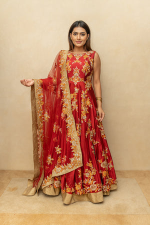 Maroon & Gold Floral Silk Anarkali Gown