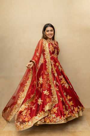 Maroon & Gold Floral Silk Anarkali Gown