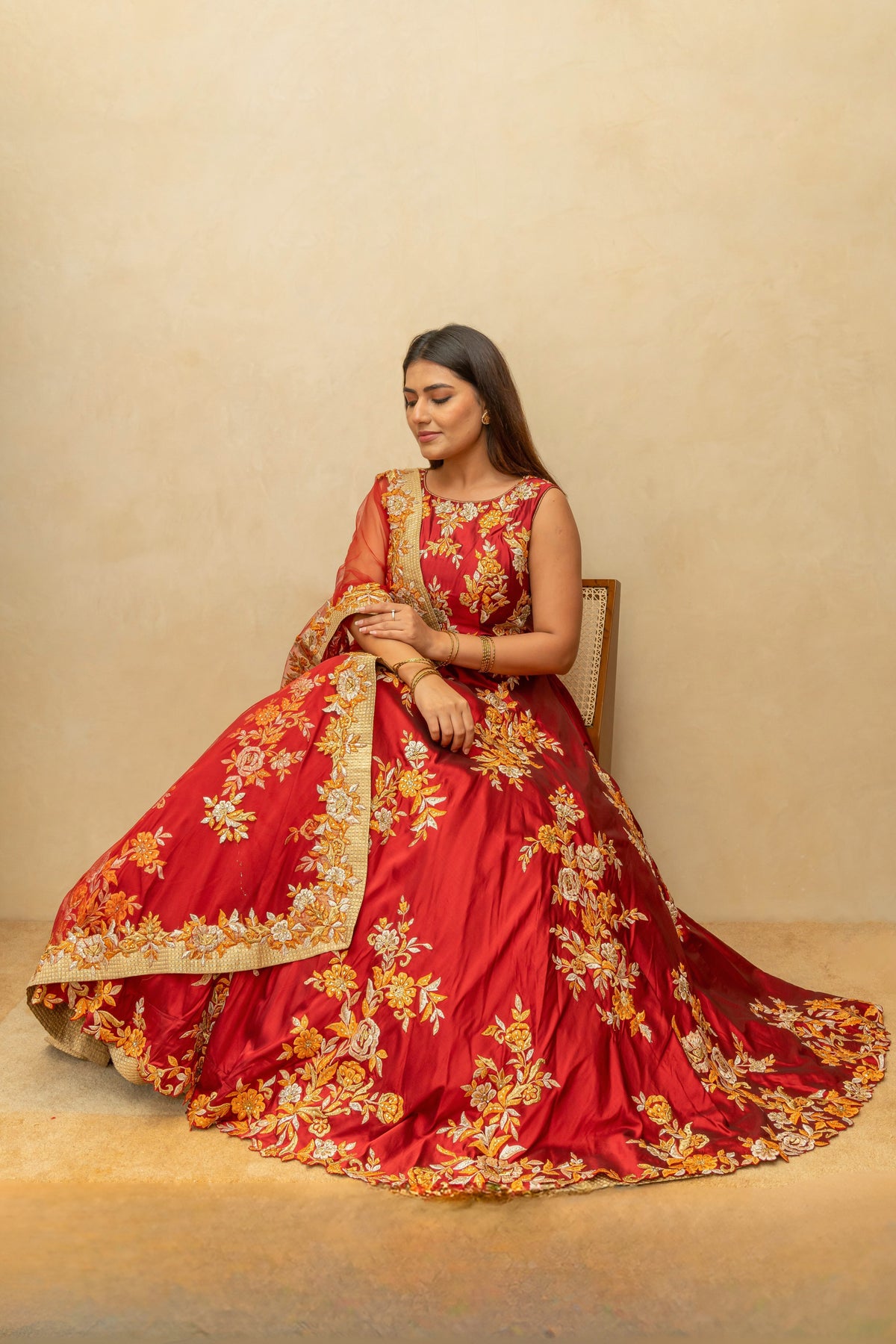 Maroon & Gold Floral Silk Anarkali Gown
