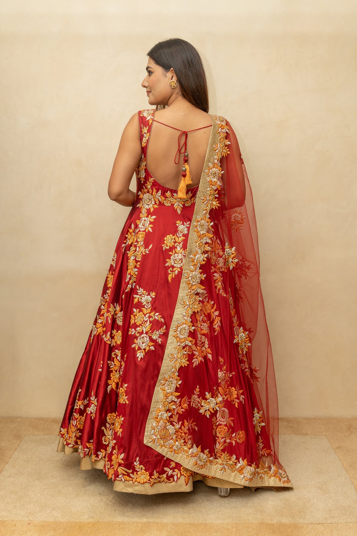 Maroon & Gold Floral Silk Anarkali Gown