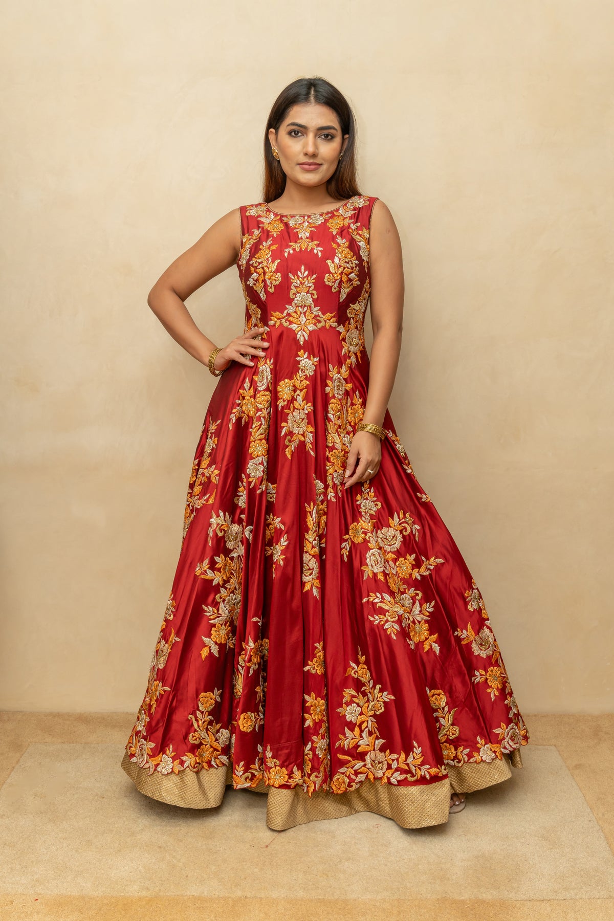 Maroon & Gold Floral Silk Anarkali Gown