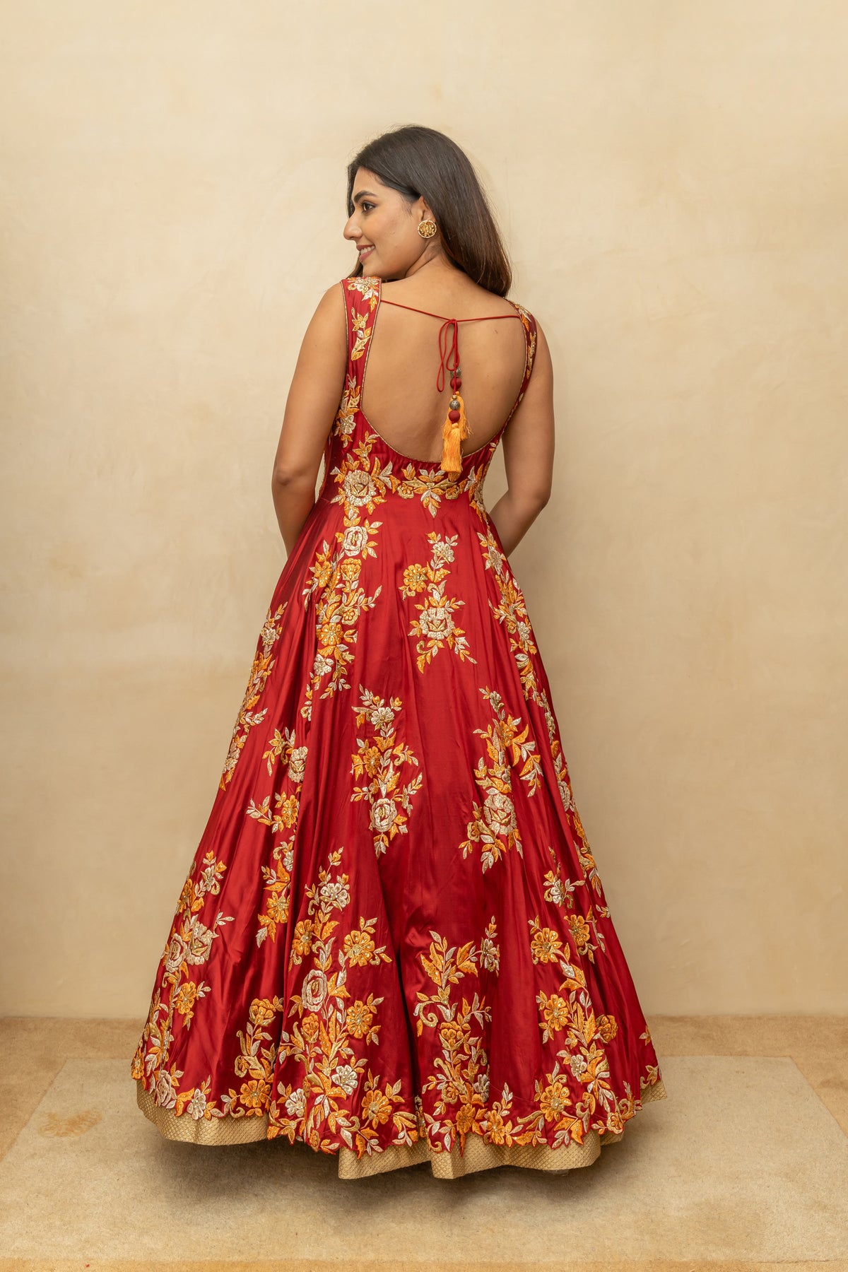 Maroon & Gold Floral Silk Anarkali Gown