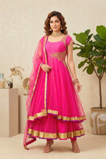 Vibrant Fuchsia Pink Net Anarkali Suit Set with Gold Embroidery
