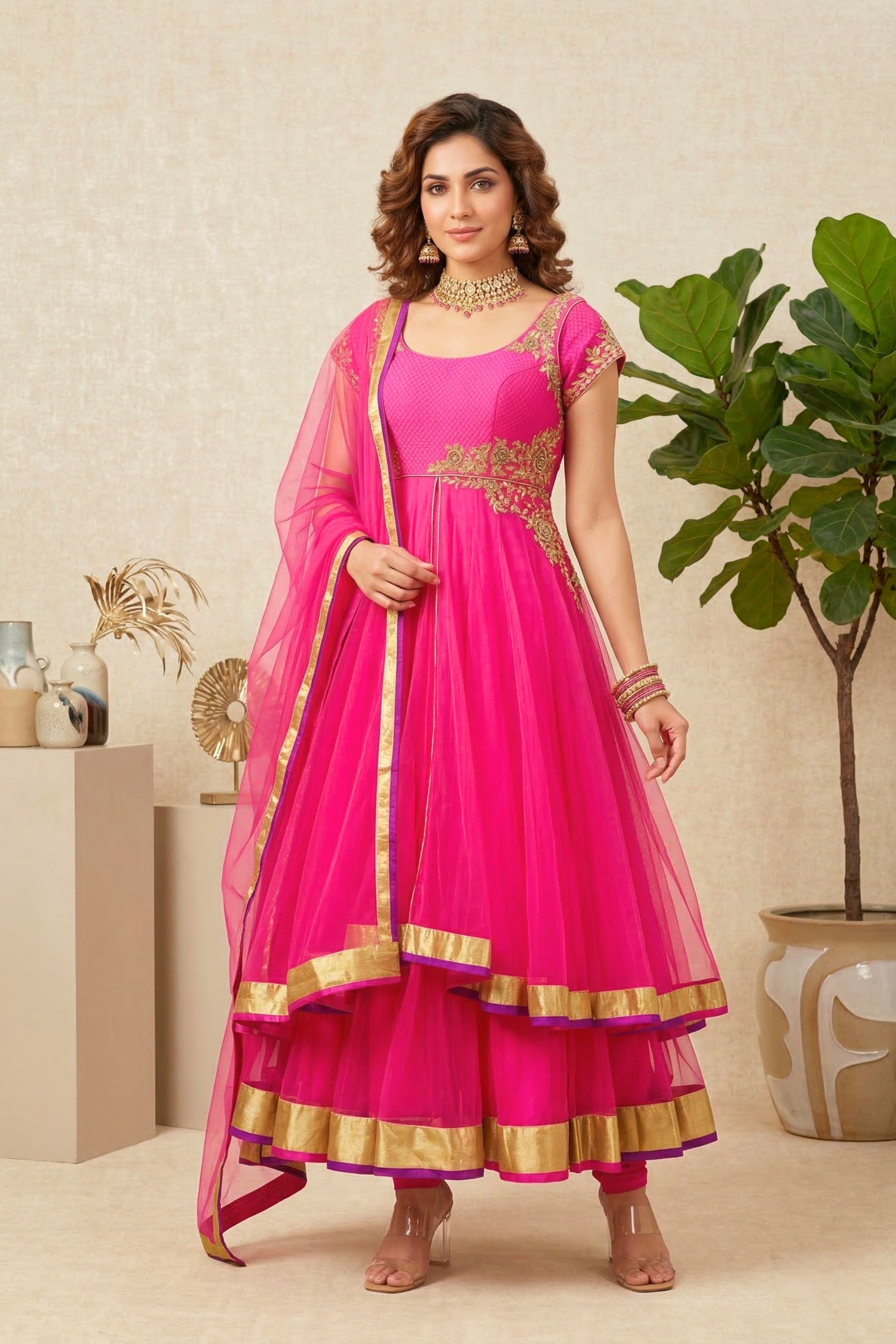 Vibrant Fuchsia Pink Net Anarkali Suit Set with Gold Embroidery