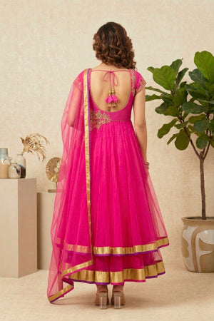 Vibrant Fuchsia Pink Net Anarkali Suit Set with Gold Embroidery