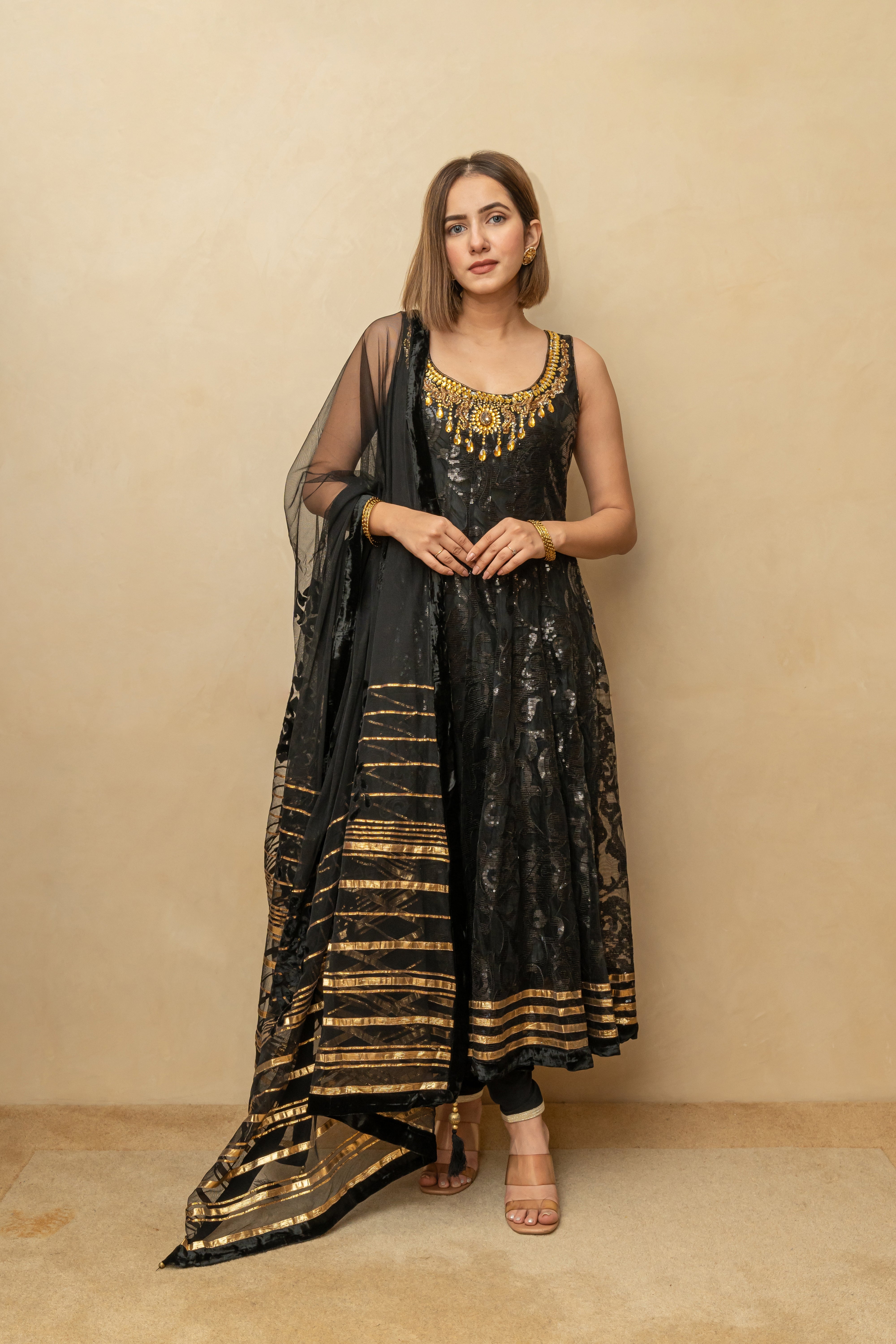 Black & Gold Self-Sequin Work Anarkali Suit Set
