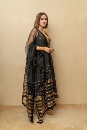 Black & Gold Self-Sequin Work Anarkali Suit Set