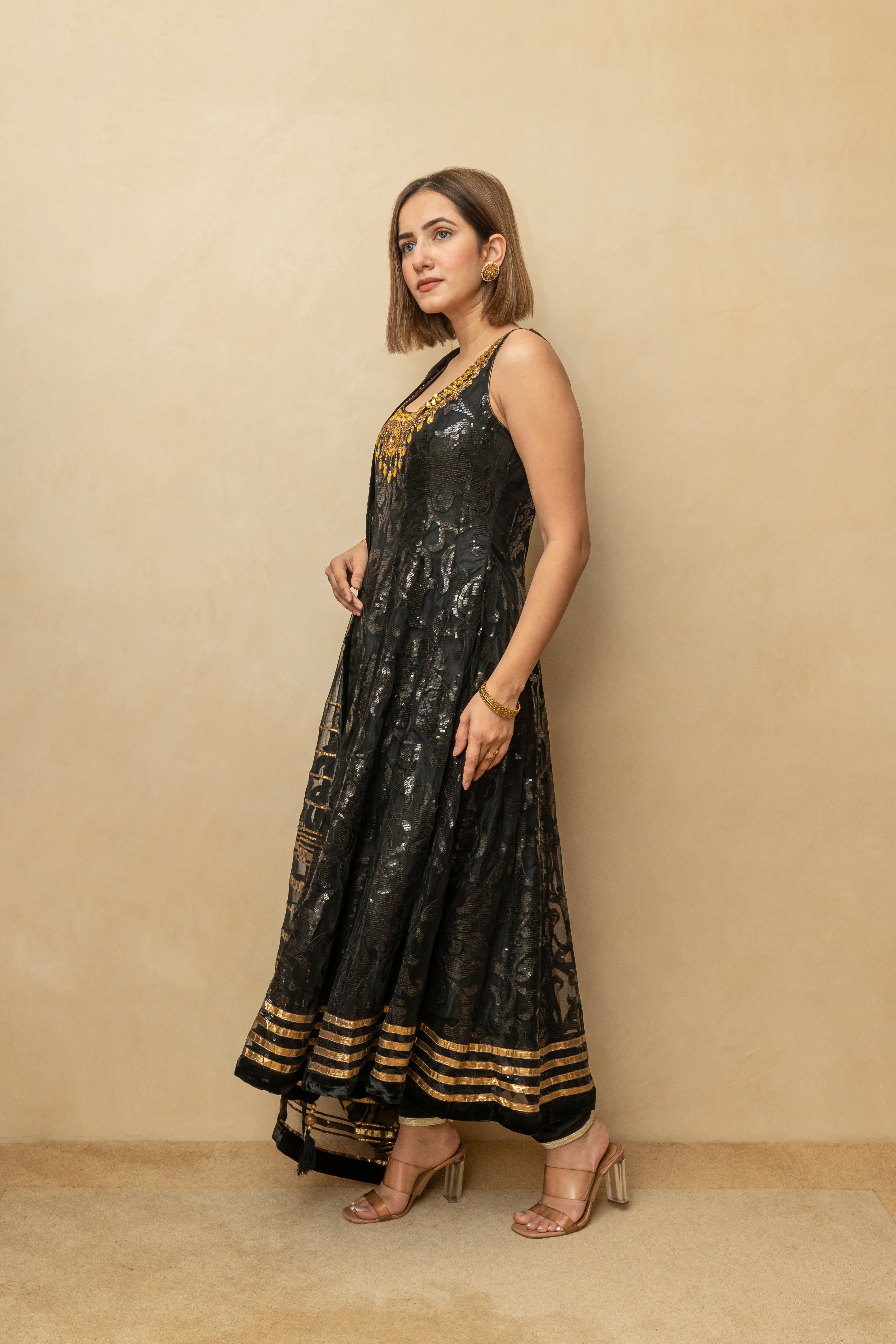 Black & Gold Self-Sequin Work Anarkali Suit Set