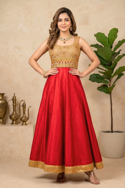 Regal Red and Gold Silk Flared Gown with Heavy Embellished Bodice