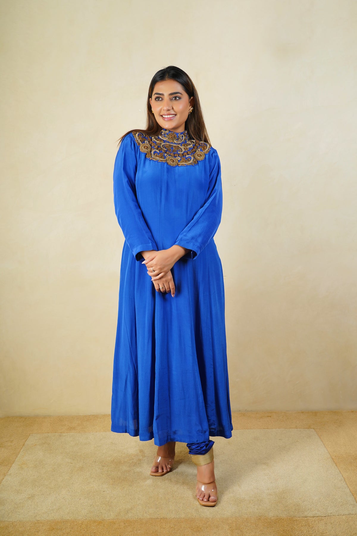 Royal Blue High Neck Satin Crepe Suit Set