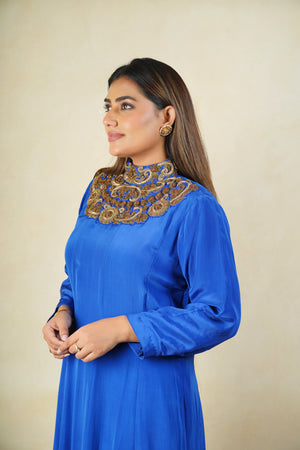 Royal Blue High Neck Satin Crepe Suit Set